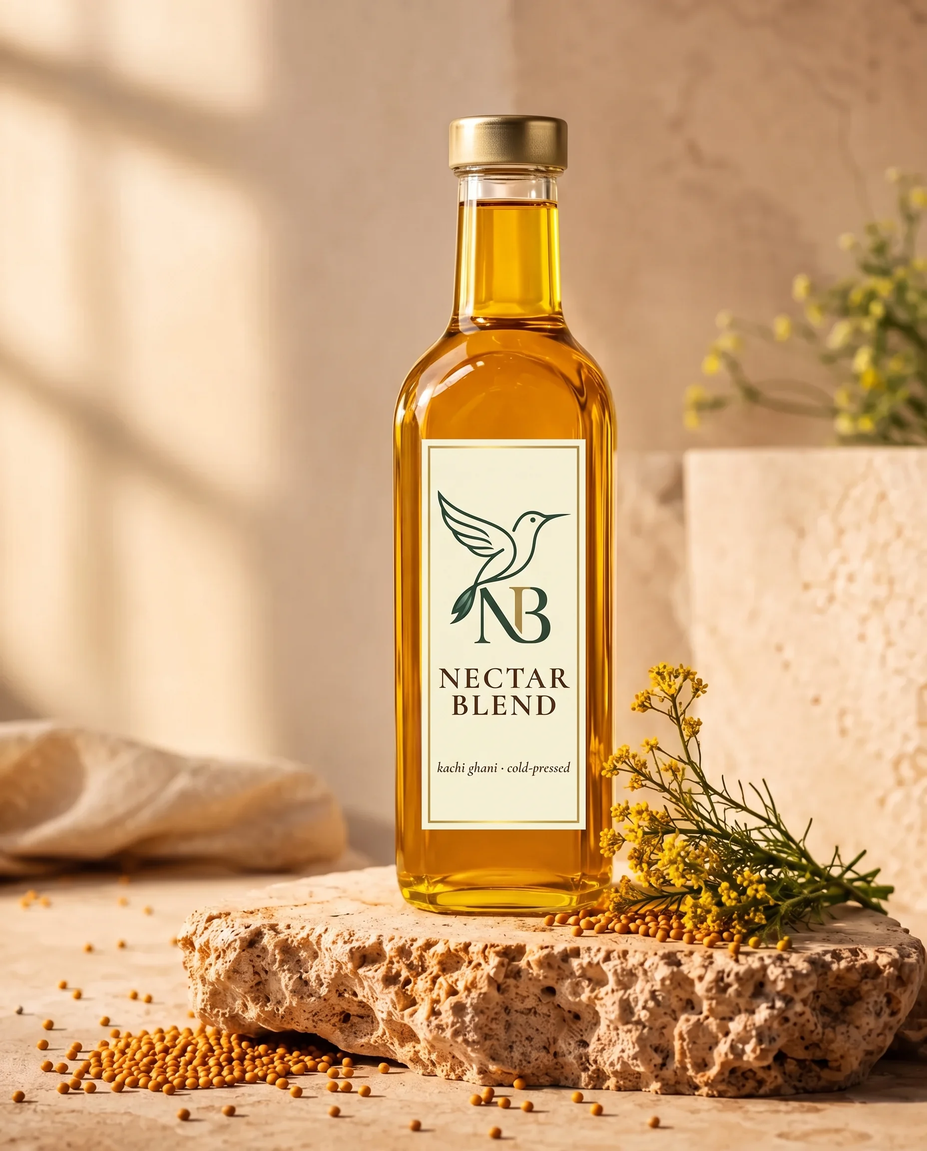 Nectar Blend kachi ghani mustard oil bottle — stone-crushed and cold-pressed