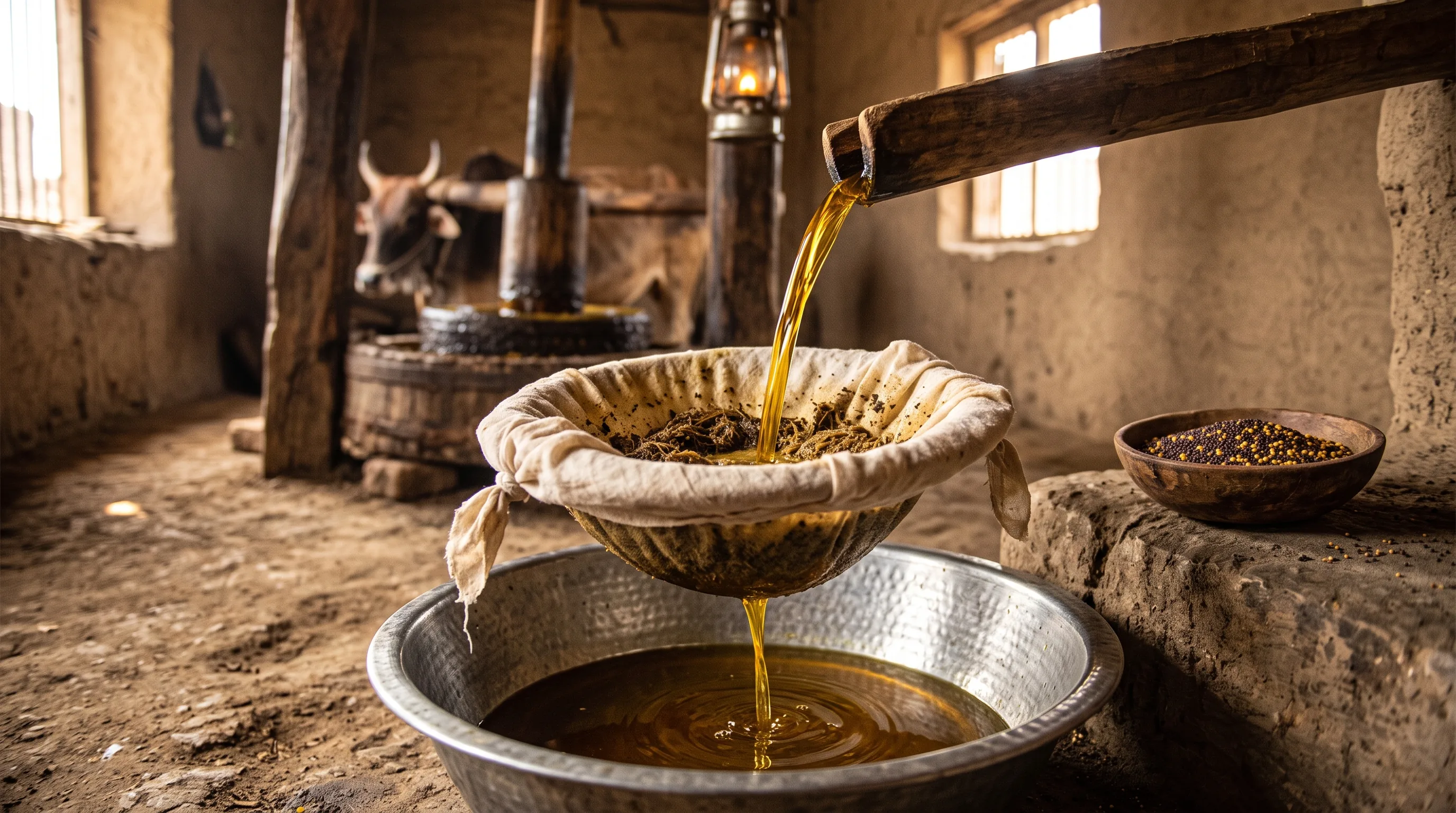 Cloth filtration of cold-pressed mustard oil — no chemicals, no bleaching, no refining