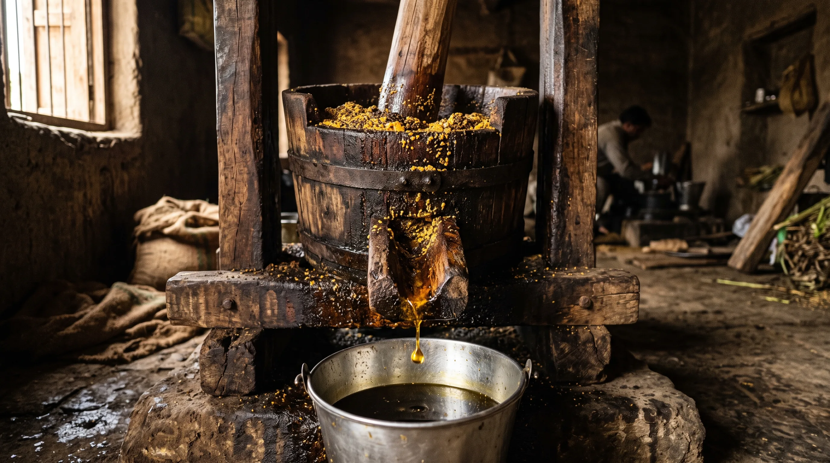 Traditional wooden stone kohlu used for cold-pressing Nectar Blend kachi ghani mustard oil