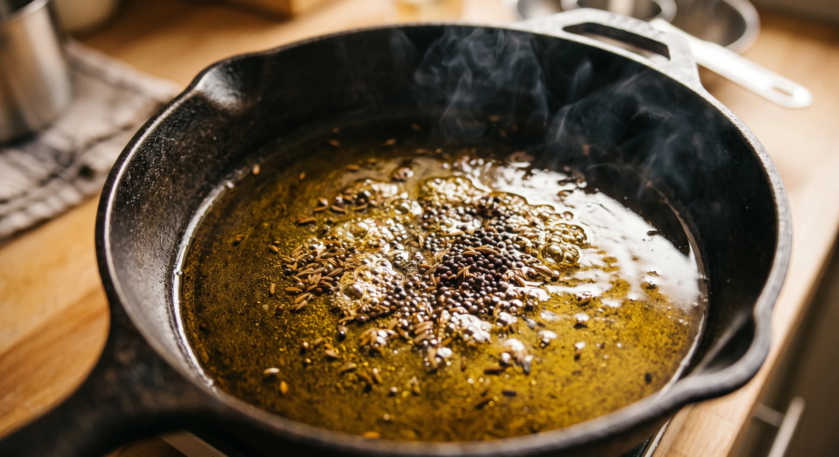 Nectar Blend kachi ghani mustard oil shimmering in a pan with whole spices for tarka